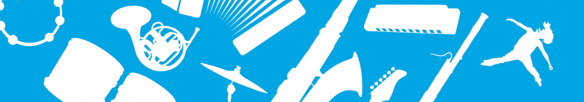 Weiße Silhouetten von ungefähr 20 verschiedenen Musikinstrumenten auf blauem Hintergrund